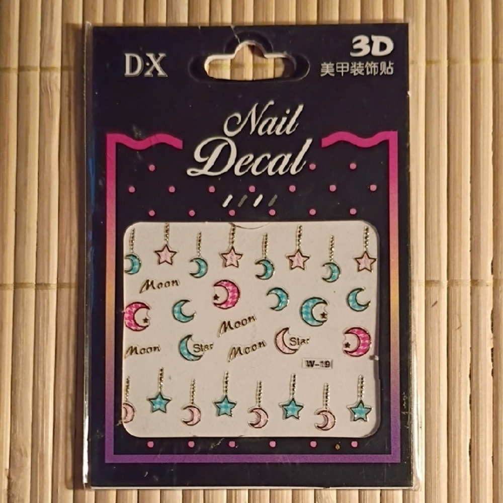 3D Moon & Star Nail Decals — Pink & Teal Accent Stickers